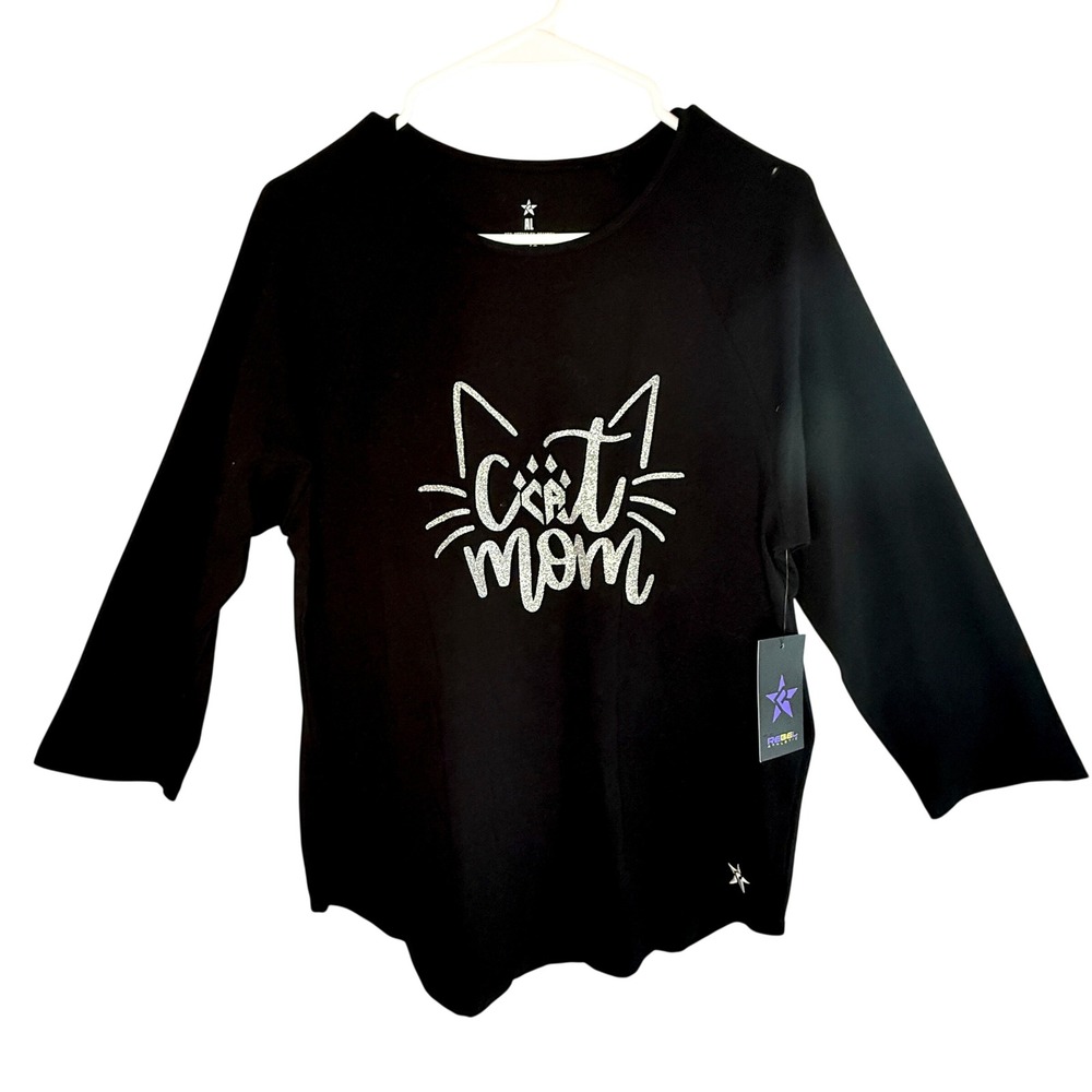 Rebel Athletic Cat Mom Shirt Adult Large Black Silver Glitter 3/4 Sleeve NWT